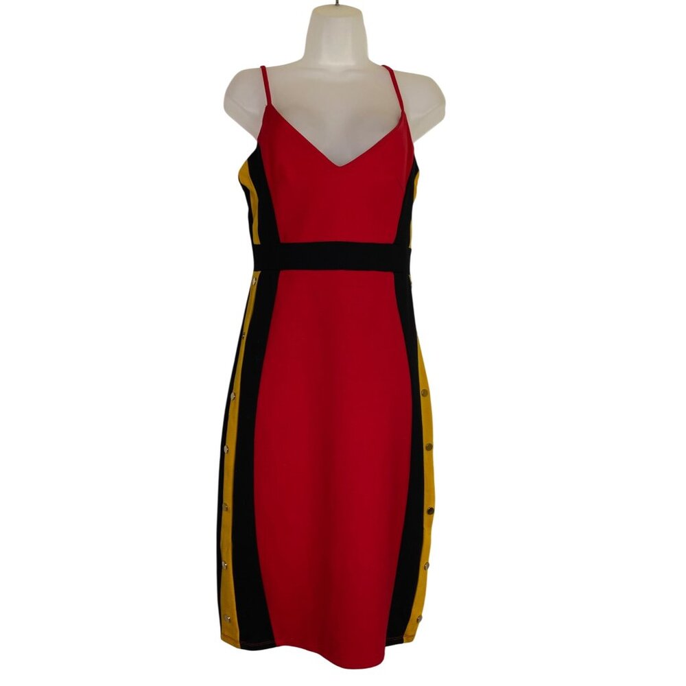Colorblock Bodycon Dress‎ Large Red Black Yellow Spaghetti Strap Sexy Club Date
